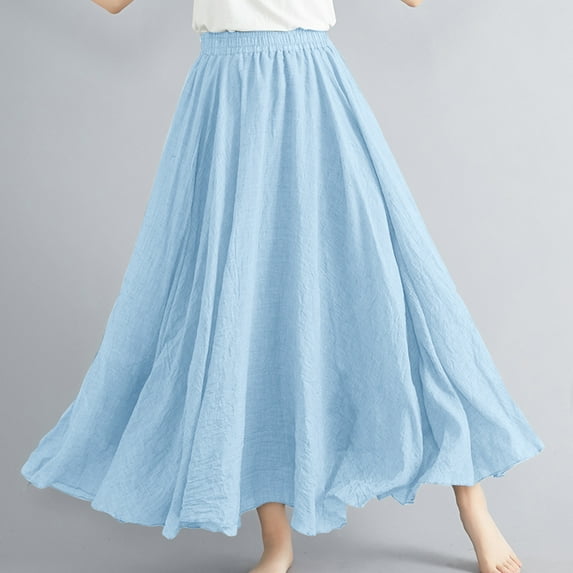 Maoxin Women Skirt Women Casual Summer Large Solid Elastic Waist Flax line Ankle Skirt ,Sky Blue,Free Size