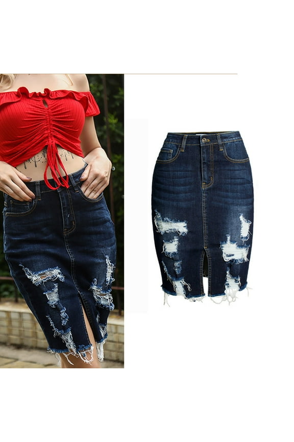 Women Skirt Women Fashion High Waist Ripped Destroyed Bodycon Street Style Skirt ,Dark Blue,L