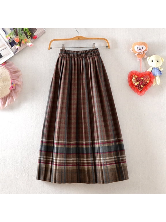 Women Skirt Women's Fashion High Waist Wool Skirt High Elasticity Waistband Pleated Skirt ,Khaki,S