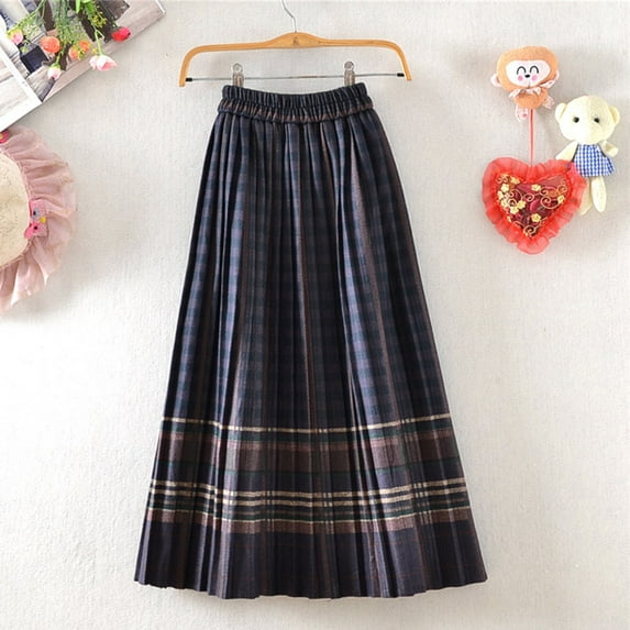 Maoxin Women Skirt Women's Fashion High Waist Wool Skirt High Elasticity Waistband Pleated Skirt ,Navy,L