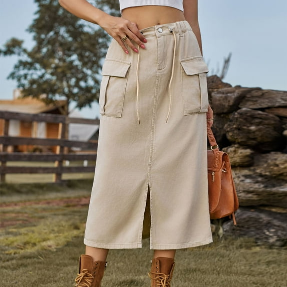 Maoxin Women Skirt Women's Fashion Solid Color Elastic Waist Slit Cowboy Skirt ,Khaki,M