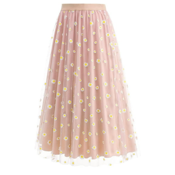 Maoxin Women Skirt Women's Long Skirt Flower Embroidery Solid Color High Waist Mesh Midi Skirt ,Pink,S