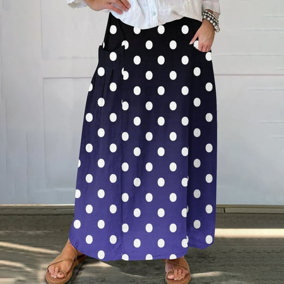 Maoxin Women Skirt Women's Printed Elastic Waistband Pleated Pocket Skirt With Mid Calf Skirt ,Blue,2XL