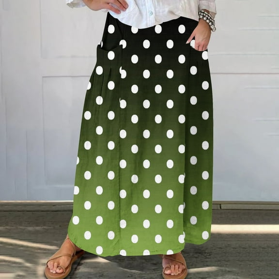Maoxin Women Skirt Women's Printed Elastic Waistband Pleated Pocket Skirt With Mid Calf Skirt ,Green,2XL