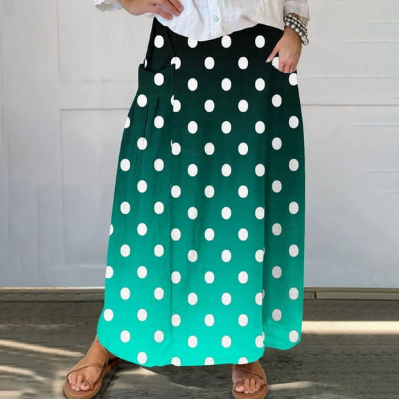 Maoxin Women Skirt Women's Printed Elastic Waistband Pleated Pocket Skirt With Mid Calf Skirt ,Sky Blue,2XL