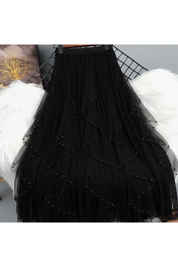 Women Skirt Women's Solid Color High Waist Bead Mesh High Elasticity Waistband Skirt ,Black,Free Size