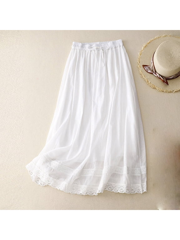 Women Skirt Women's Summer Loose Elastic Waist Full Length Embroidery Skirt Double Layer Flowing And Linen Gauze Skirt ,White,M