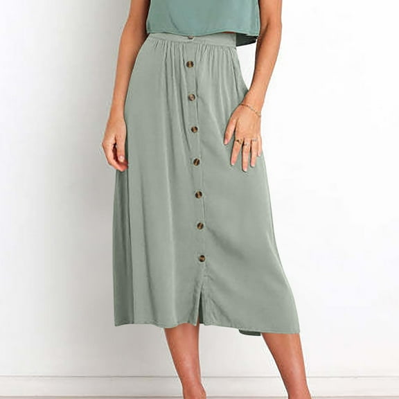 Maoxin Women Skirt Women's Summer Sexy Casual Fashion Solid Color Fold Button Pocket Elastic Waist Skirt ,Green,S