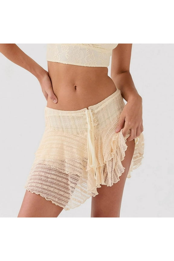 Women Skirt Womens Fashion Solid Color Lace Up Stacking Lrregular Bottom Layer Short Skirt ,Yellow,M