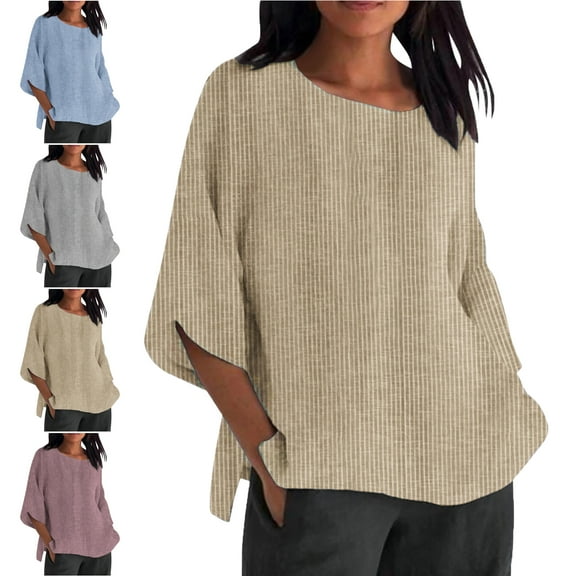 Women's 3/4 Sleeve Tops Round Neck Women's Summer Striped Round Neck Loose Cotton And Linen Top T Shirt 3/4 Sleeve Plus Size Tops for Women,Beige,S