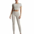 thumbnail image 1 of Women's Leggings Women's Fashion Casual Solid Color High Waist Elastic Yoga Suit Short Sleeved Shirt Pants Two Piece Suit Workout Pants Women Khaki M, 1 of 7