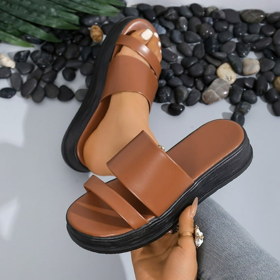 Maoxin Women's Sandals Fashion Casual Summer Round Head Solid Color One Line Thick Soled Sandals Ladies Sandals Brown 39