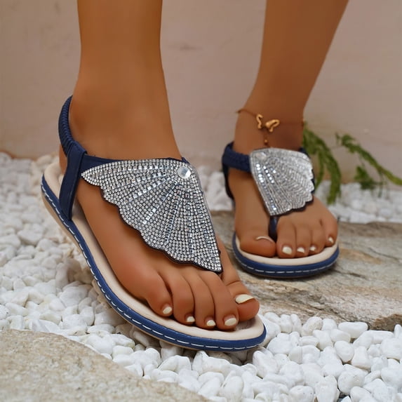 Maoxin Women's Sandals Fashion Casual Summer New Solid Color Fan Shaped Bohemian Rhinestone Thong Roman Sandals Ladies Sandals Blue 37