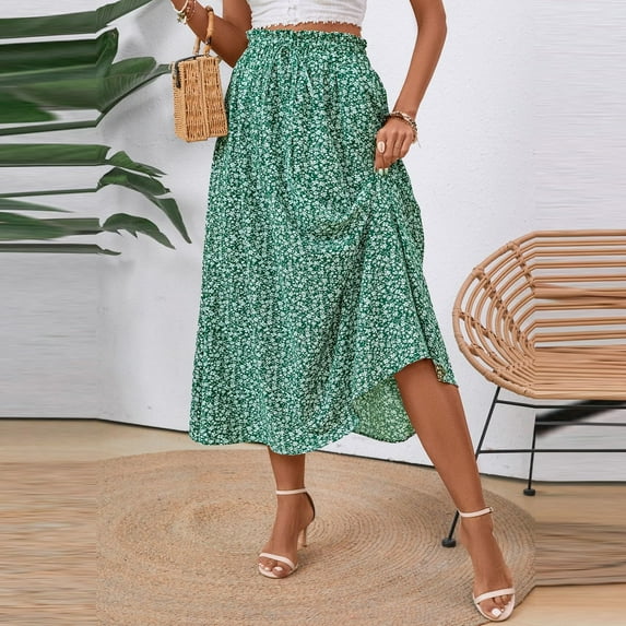 Maoxin Women's Skirts Fashion Women Casual Summer Drawstring Pocket Print Elastic Waist Skirt ,Green,L