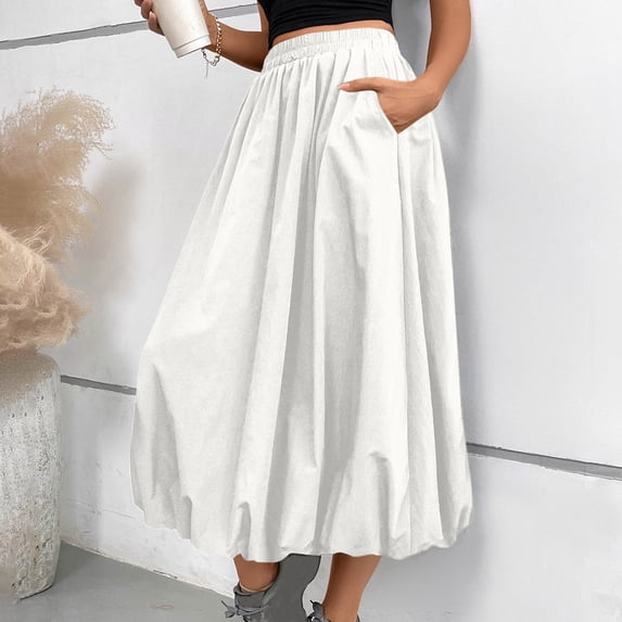 Maoxin Women's Skirts Fashion Women Casual Summer Solid Pocket Elastic Waist Ankle Skirt ,White,L
