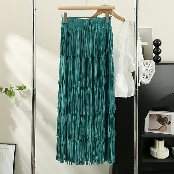 Maoxin Women's Skirts Woman Mid Length Tassels Solid Color Meringue Line Skirt ,Navy,Free Size