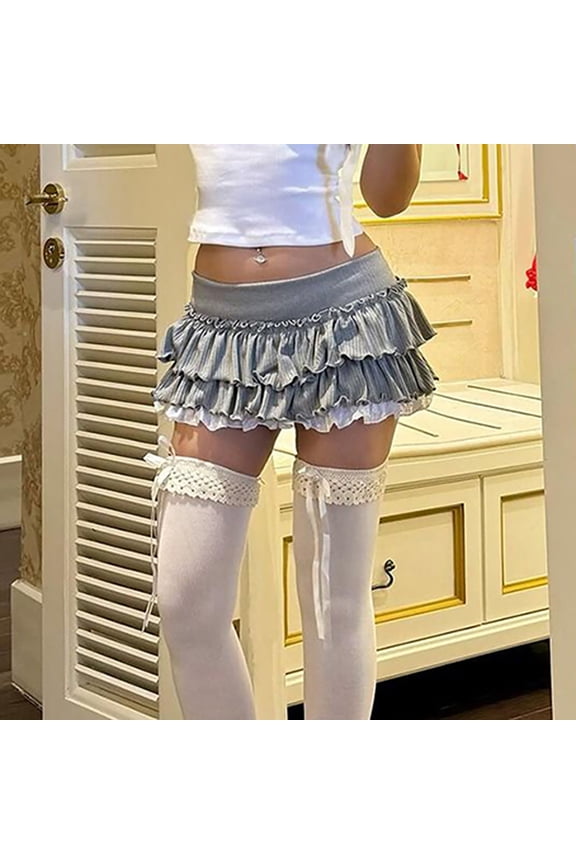 Women's Skirts Women's Fashion Holiday Summer Lacy Cake Dress Smocked Elastic Waist Line Short Skirt ,Gray,M
