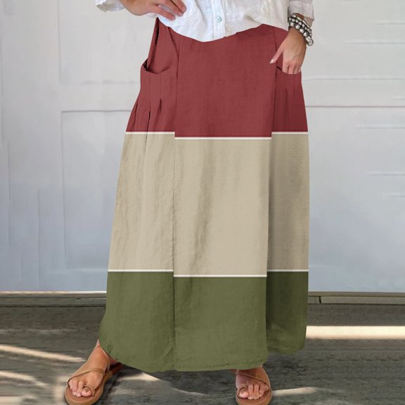 Maoxin Women's Skirts Women's Printed Elastic Waistband Pleated Pocket Skirt With Mid Calf Skirt ,Wine,XL