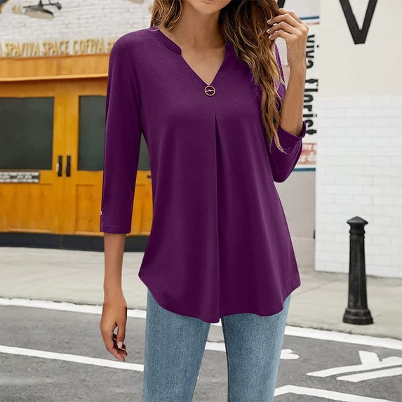 Maoxin Womens 3/4 Sleeve T Shirts Ladies' Casual Solid Color Waist Cinched 3/4 Sleeve V Neck Top/shirt 3/4 Sleeve Tops for Women Purple M