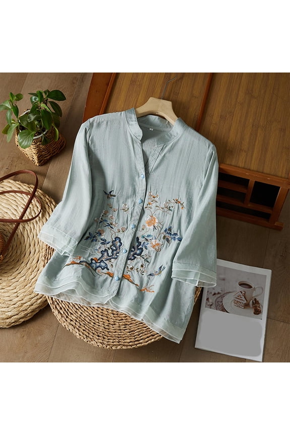 Womens 3/4 Sleeve T Shirts Women's Embroidered Imitation Cotton And Linen Mesh Splicing 3/4 Sleeve V Neck Button Up Blouses 3/4 Sleeve Tops for Women Light Blue 2XL