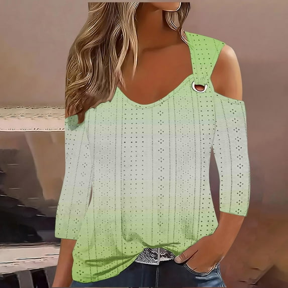 Maoxin Womens 3/4 Sleeve Tops 2024 Women's Fashion Casual Printed Shoulder Leakage Short Sleeve Pullover Short Sleeve Top Women 3/4 Sleeve T Shirts Green L