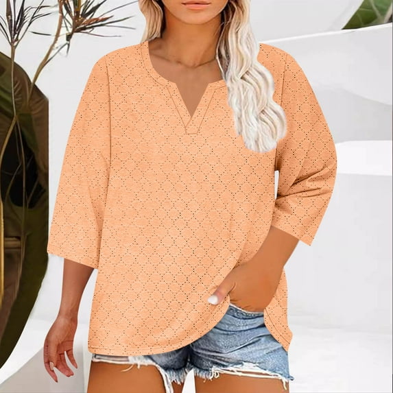 Maoxin Womens 3/4 Sleeve Tops Women Fashion Plus Size Solid Color V Neck 3/4 Sleeve Blouses Women 3/4 Sleeve T Shirts Orange 3XL