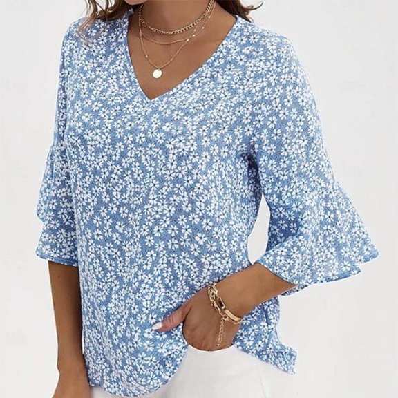 Maoxin Womens 3/4 Sleeve Tops Women‘s Casual Oversize Solid Floral Print V Neck Hooded 3/4 Sleeved Blouse Women 3/4 Sleeve T Shirts Blue 2XL