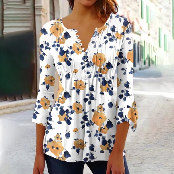 Maoxin Womens 3/4 Sleeve Tops Women's Fashion Printed T Shirt 3/4 Sleeves Blouse V Neck Casual Women 3/4 Sleeve T Shirts Yellow XL