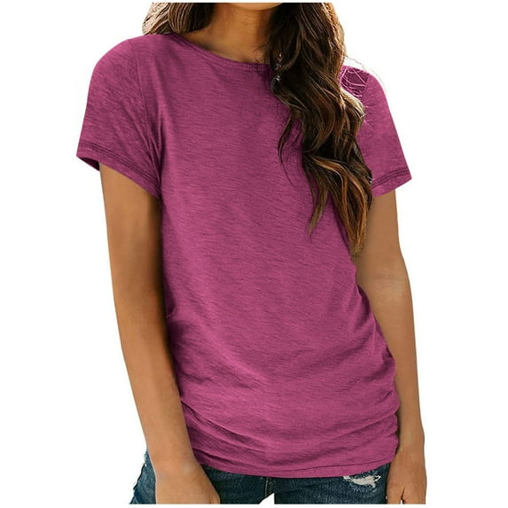 Maoxin Womens Blouse Fashion Women's Casual Short Sleeved Round Neck Solid Color Top Summer Tops for Women Hot Pink XL