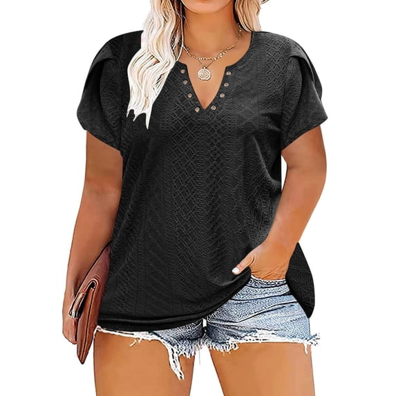 Womens Blouse Womens Plus Size Summer Casual Neck Hollow Tee Shirts Leaf Sleeve Fashion Loose Blouse Summer Tops for Women Black XL