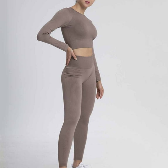 Maoxin Womens Leggings Women's Fashion Casual Solid Color High Waist Elastic Yoga Suit Short Sleeved Shirt Pants Two Piece Suit Pants for Women Brown S