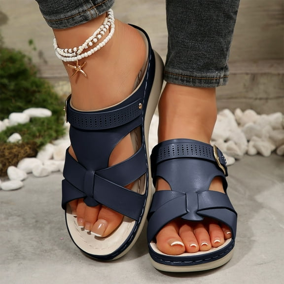 Maoxin Womens Sandals Fashion Casual Summer New Style Solid Color Fish Mouth Wedge Heel Thick Bottom Sandals Sandals for Women Blue 43
