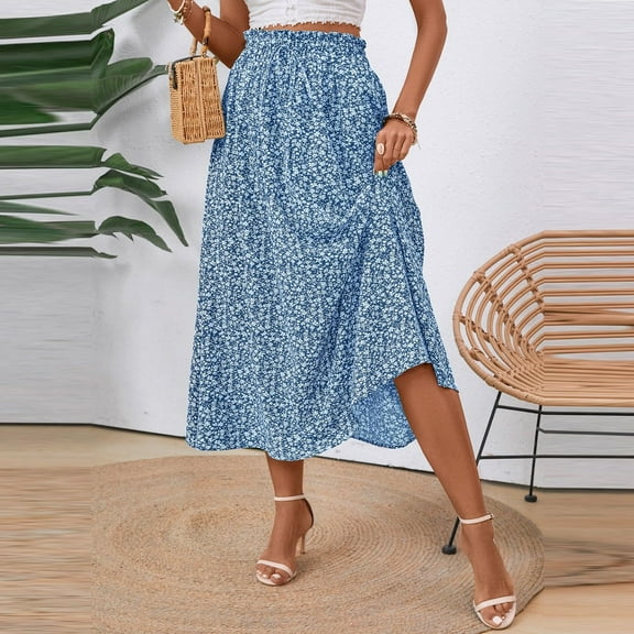 Maoxin Womens Skirts Fashion Women Casual Summer Drawstring Pocket Print Elastic Waist Skirt ,Blue,XL