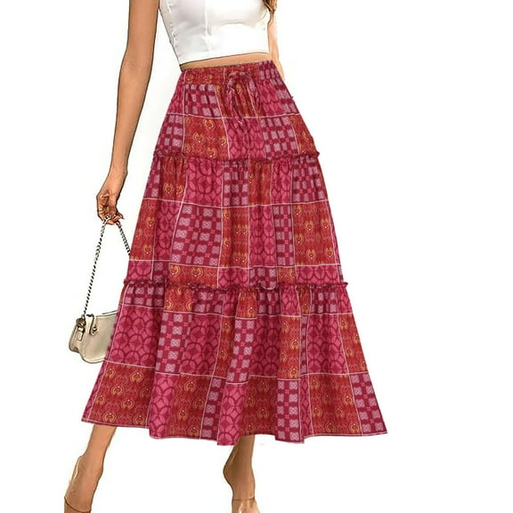 Maoxin Womens Skirts Ladies Printed Bohemian Commuting Elastic Waist Drawstring Skirt ,Red,XL