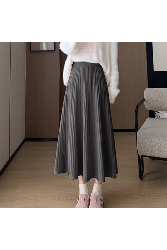 Womens Skirts Ladies' Solid Color Knitted Rice Grain High Waisted A line Umbrella Skirt Knee Length Mid Length Style Soft And Woolen Skirt ,Gray,Free Size