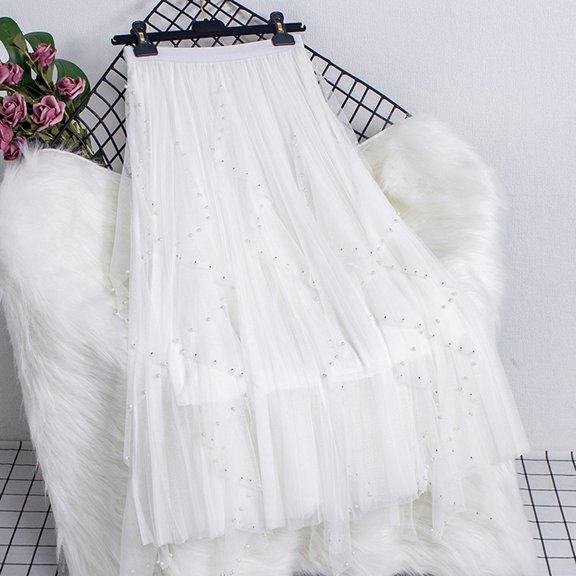 Maoxin Womens Skirts Woman Temperament High Waist Slim Beading A Line Irregular Net Yarn Puffy Skirt ,White,Free Size