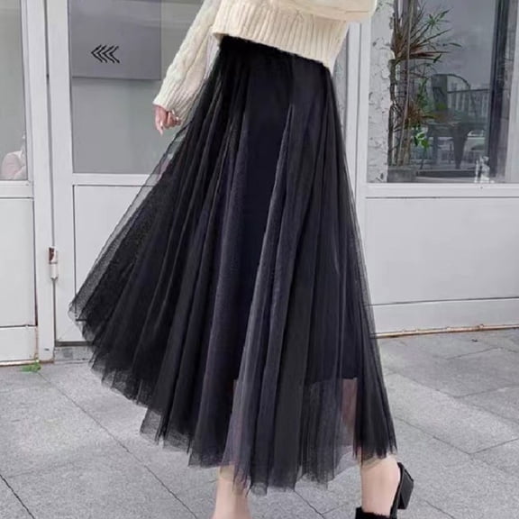 Maoxin Womens Skirts Women Casual Summer Large Solid Elastic Waist Flax A line Ankle Skirt ,Black,M