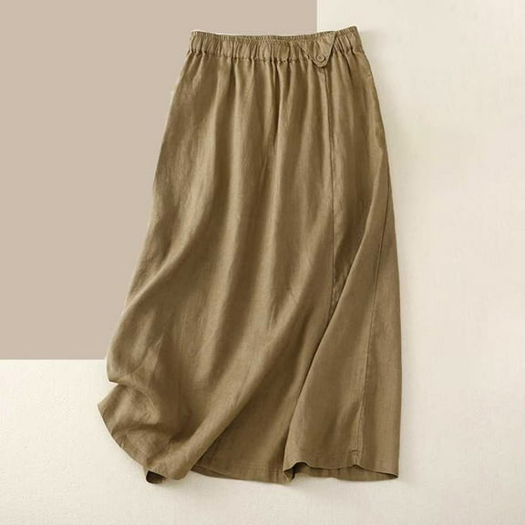 Maoxin Womens Skirts Women‘s Casual Loose High Waisted Mid Length Pleated Button Pocket Skirt ,Khaki,L