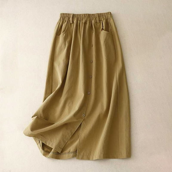 Maoxin Womens Skirts Women‘s Casual Loose High Waisted Mid Length Pleated Split Button Pocket Skirt ,Khaki,M
