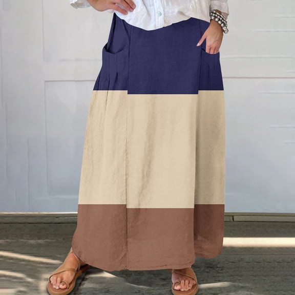 Maoxin Womens Skirts Women's Printed Elastic Waistband Pleated Pocket Skirt With Mid Calf Skirt ,Brown,M