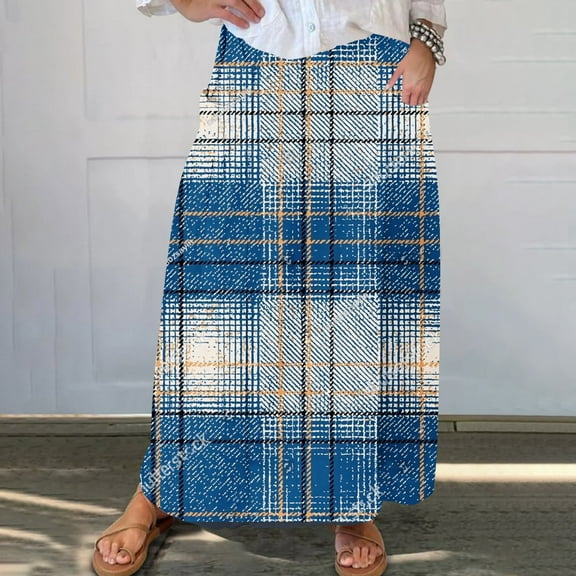 Maoxin Womens Skirts Women's Printed Elastic Waistband Pleated Pocket Skirt With Mid Calf Skirt Plus Size Skirts for Women,Blue,3XL