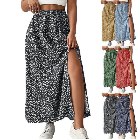 Lenago Skirts for Women Casual Summer Side Slit Print Elastic Waist Skirt Mid Cool Dress