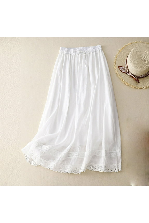 Womens Skirts Women's Summer Loose Elastic Waist Full Length Embroidery Skirt Double Layer Flowing And Linen Gauze Skirt ,White,XL