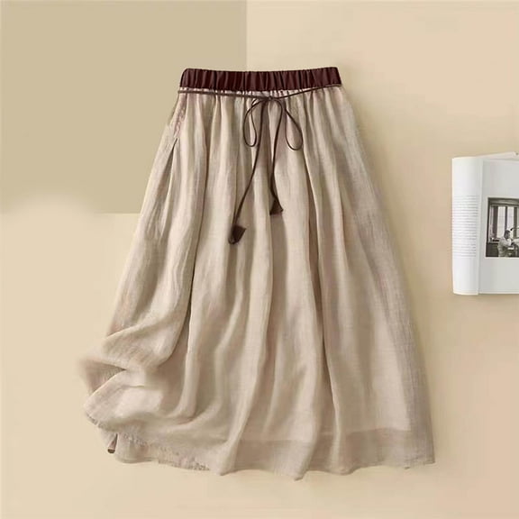 Maoxin Womens Skirts Women's Summer Solid Embroidery Elastic Waist Linen Ankle Skirt ,Khaki,M