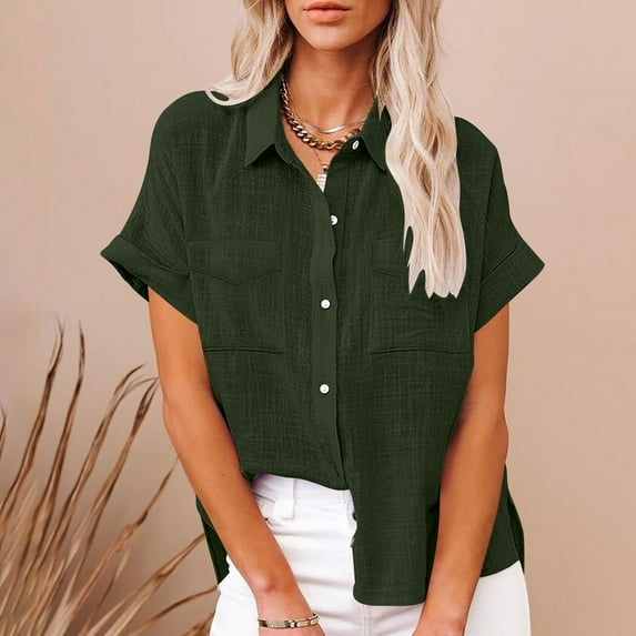 Womens Top Women's Fashion Solid Button Shirt Female Lapel Loose T Shirt Blouse Spring Tops for Women Army Green 2XL