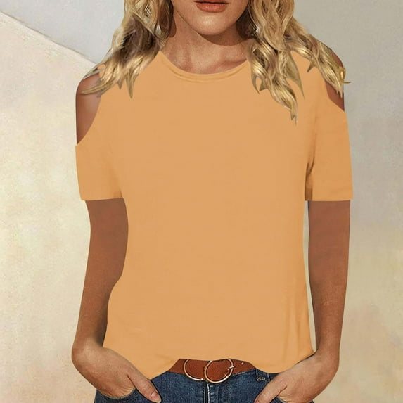 Maoxin Womens Top Women's Fashionable Solid Color T Shirt Short Sleeved Shirt Round Neck Casual Top Spring Tops for Women Orange L