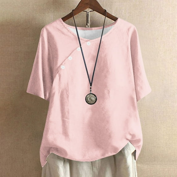 Maoxin Womens Top Women's Solid Color Casual Round Neck Linen Knot Linen Button Short Sleeved Top Spring Tops for Women Pink L