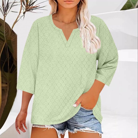 Maoxin Womens Tops 3/4 Length Sleeves Women Fashion Plus Size Solid Color V Neck 3/4 Sleeve Blouses 3/4 Sleeve Tops for Women Green 2XL