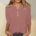 thumbnail image 1 of Maoxin Womens Tops 3/4 Length Sleeves Women's Cotton And Linen Top Fashionable Solid Color Button Up Shirt Women's V Neck Loose T Shirt Top Sleeve V Neck Top/shirt 3/4 Sleeve Tops for Women Pink S, 1 of 8