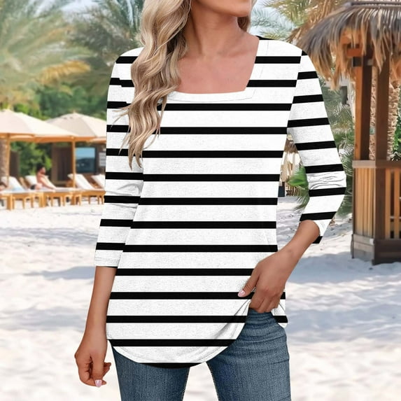 Maoxin Womens Tops 3/4 Length Sleeves Women's Fashion Casual Non Positioning Printed Square Neck Three-Quarters Sleeved Top 3/4 Sleeve Tops for Women White L